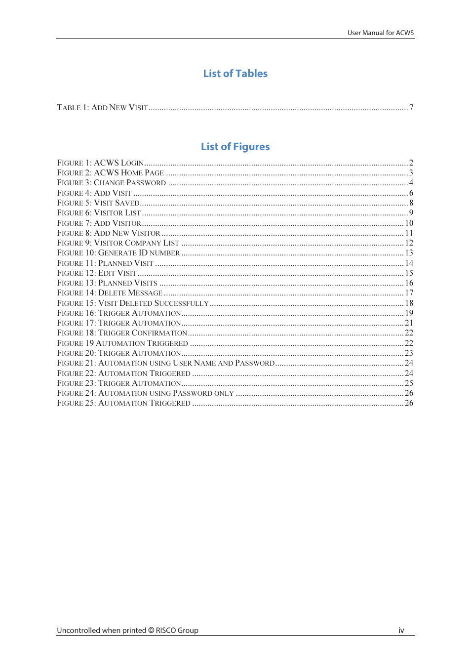 List of tables, List of figures | RISCO Group ACWS User Manual | Page 5 / 36