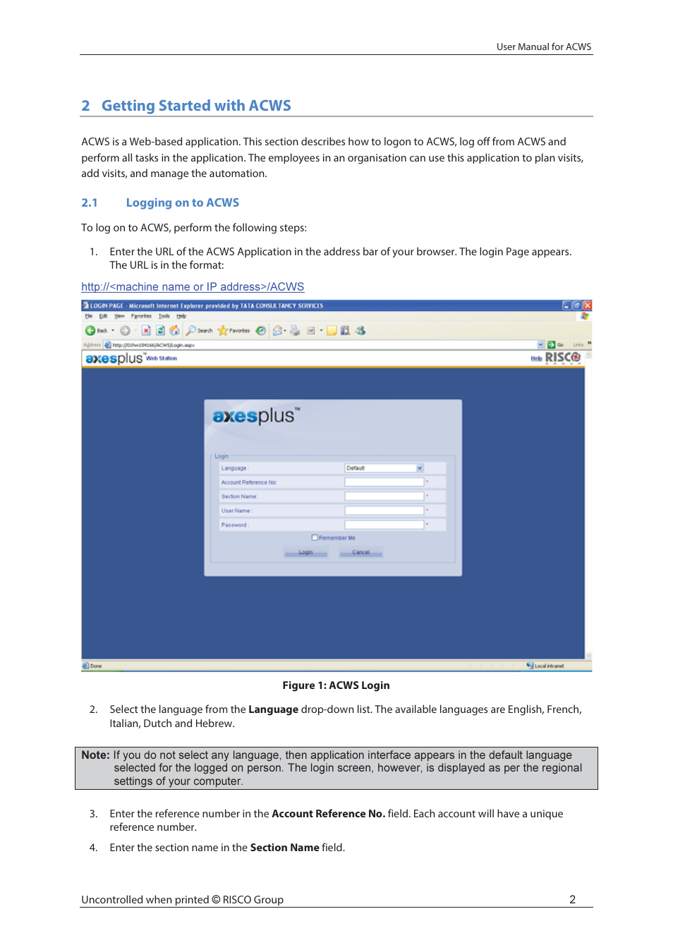 2getting started with acws | RISCO Group ACWS User Manual | Page 8 / 36