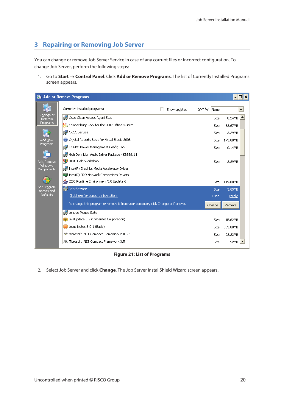 3repairing or removing job server | RISCO Group Job Server Installer User Manual | Page 24 / 32