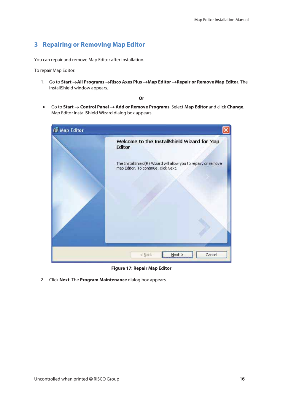 3repairing or removing map editor | RISCO Group MAP Editor Installer User Manual | Page 22 / 32