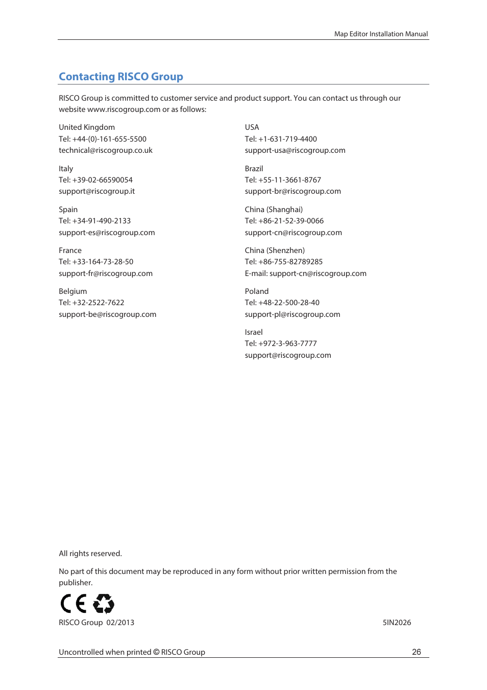 Contacting risco group | RISCO Group MAP Editor Installer User Manual | Page 32 / 32