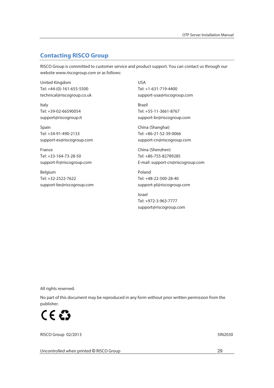 Contacting risco group | RISCO Group SafeWord OTP Server User Manual | Page 36 / 36