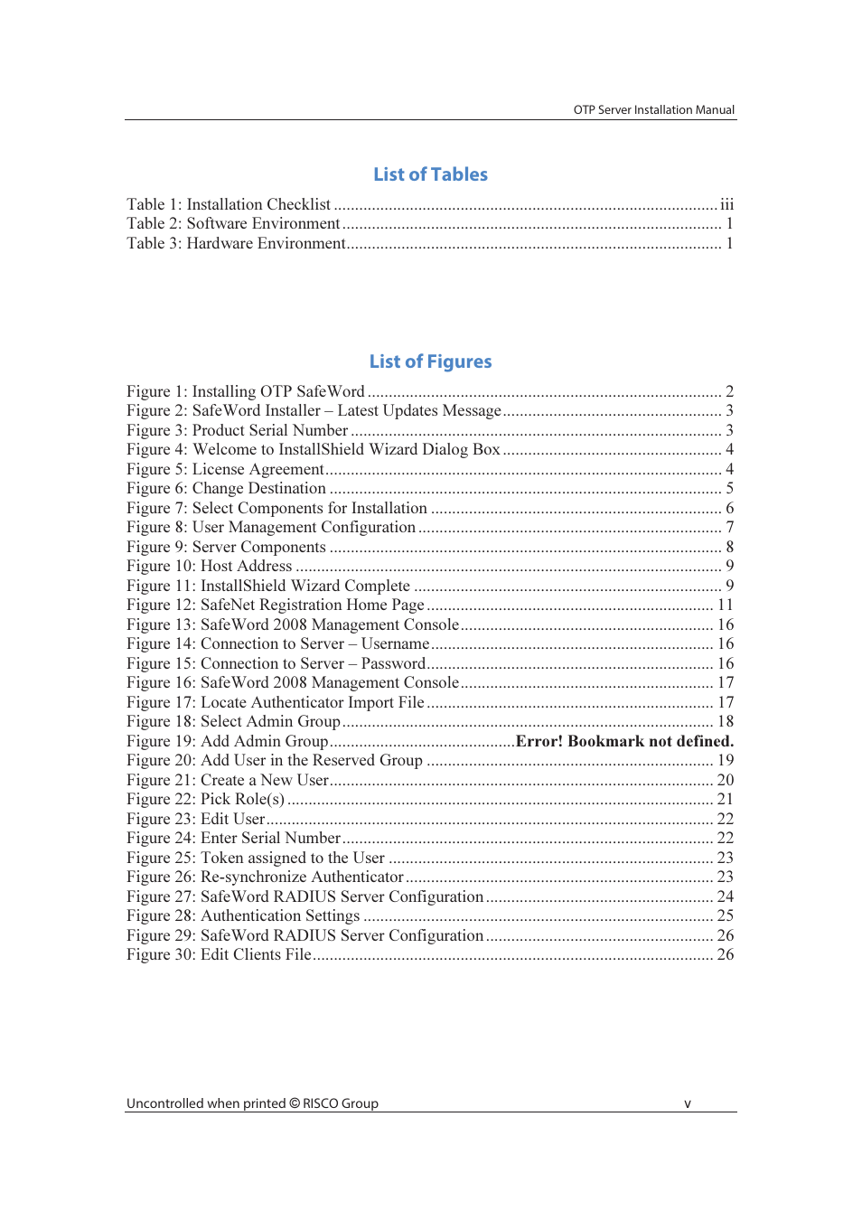 List of tables, List of figures | RISCO Group SafeWord OTP Server User Manual | Page 6 / 36