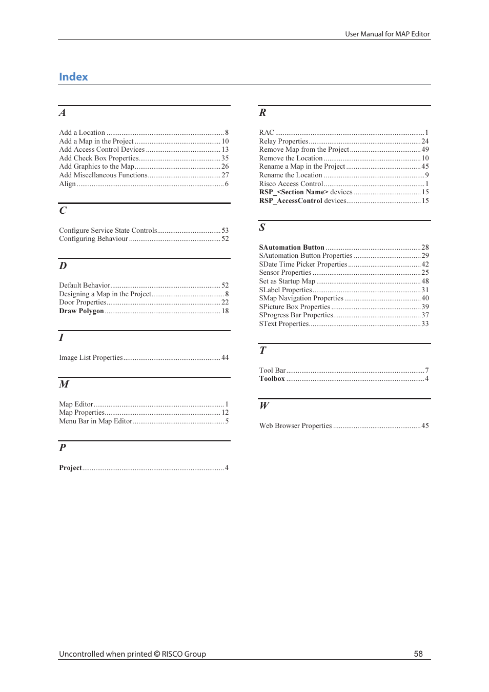 Index | RISCO Group axesplus® MAP Editor User Manual | Page 66 / 68