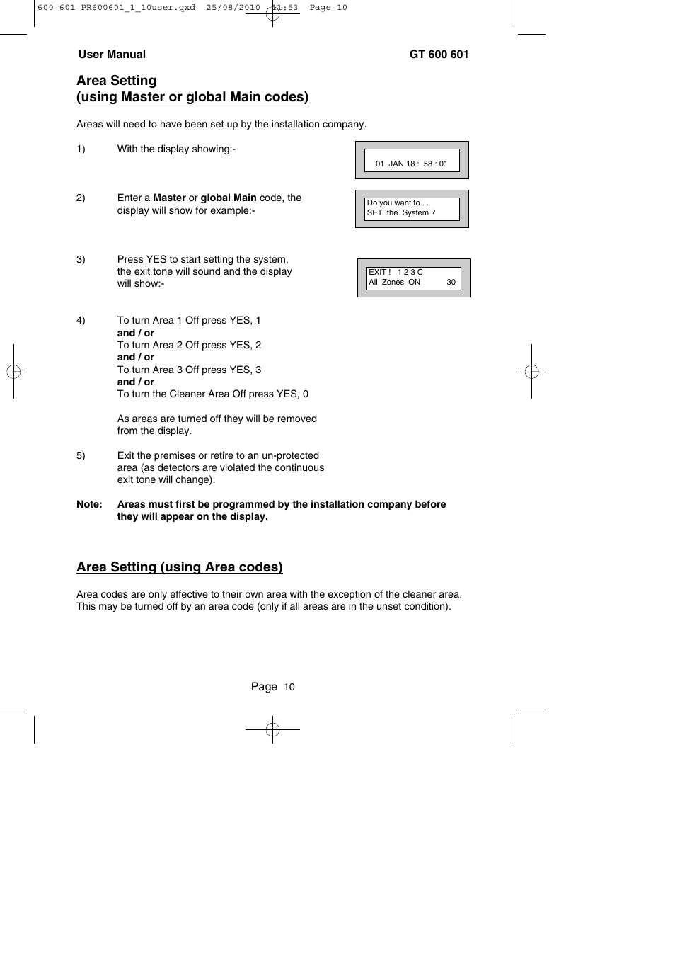 Area setting (using master or global main codes), Area setting (using area codes) | RISCO Group GT 600 User Manual | Page 11 / 56