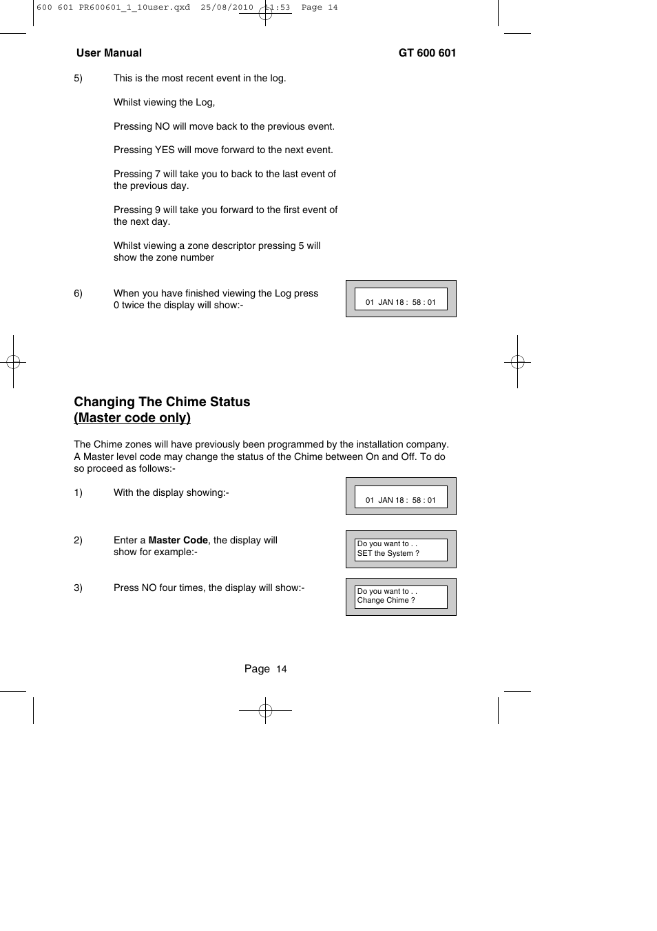 Changing the chime status (master code only) | RISCO Group GT 600 User Manual | Page 15 / 56