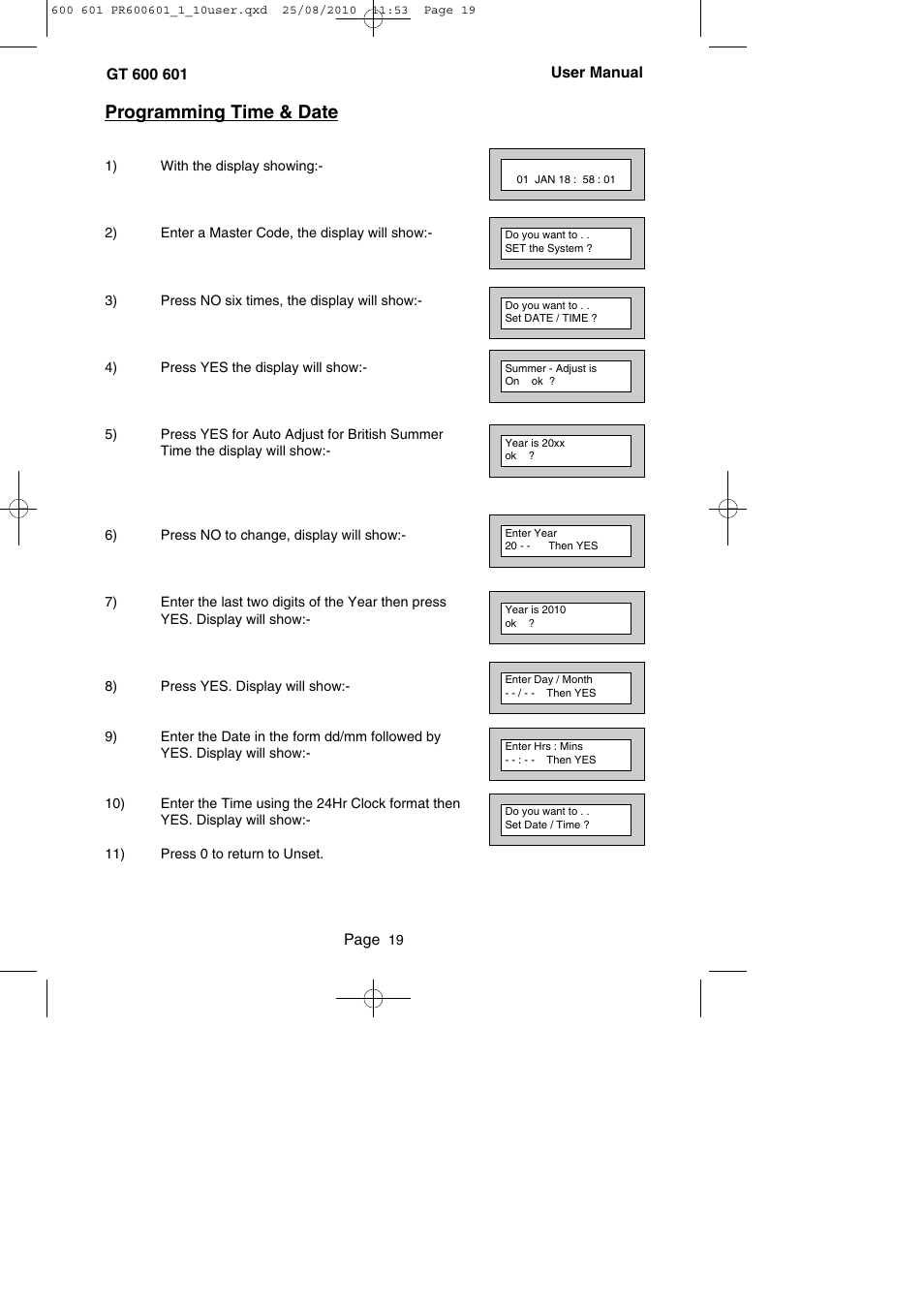 Programming time & date | RISCO Group GT 600 User Manual | Page 20 / 56