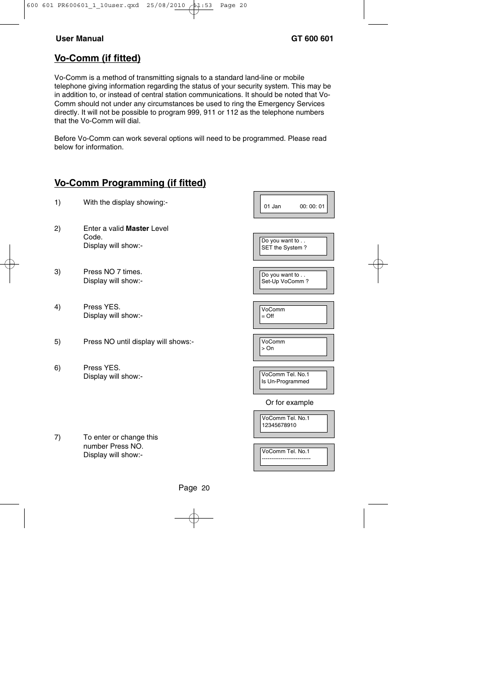 Vo-comm (if fitted), Vo-comm programming (if fitted) | RISCO Group GT 600 User Manual | Page 21 / 56