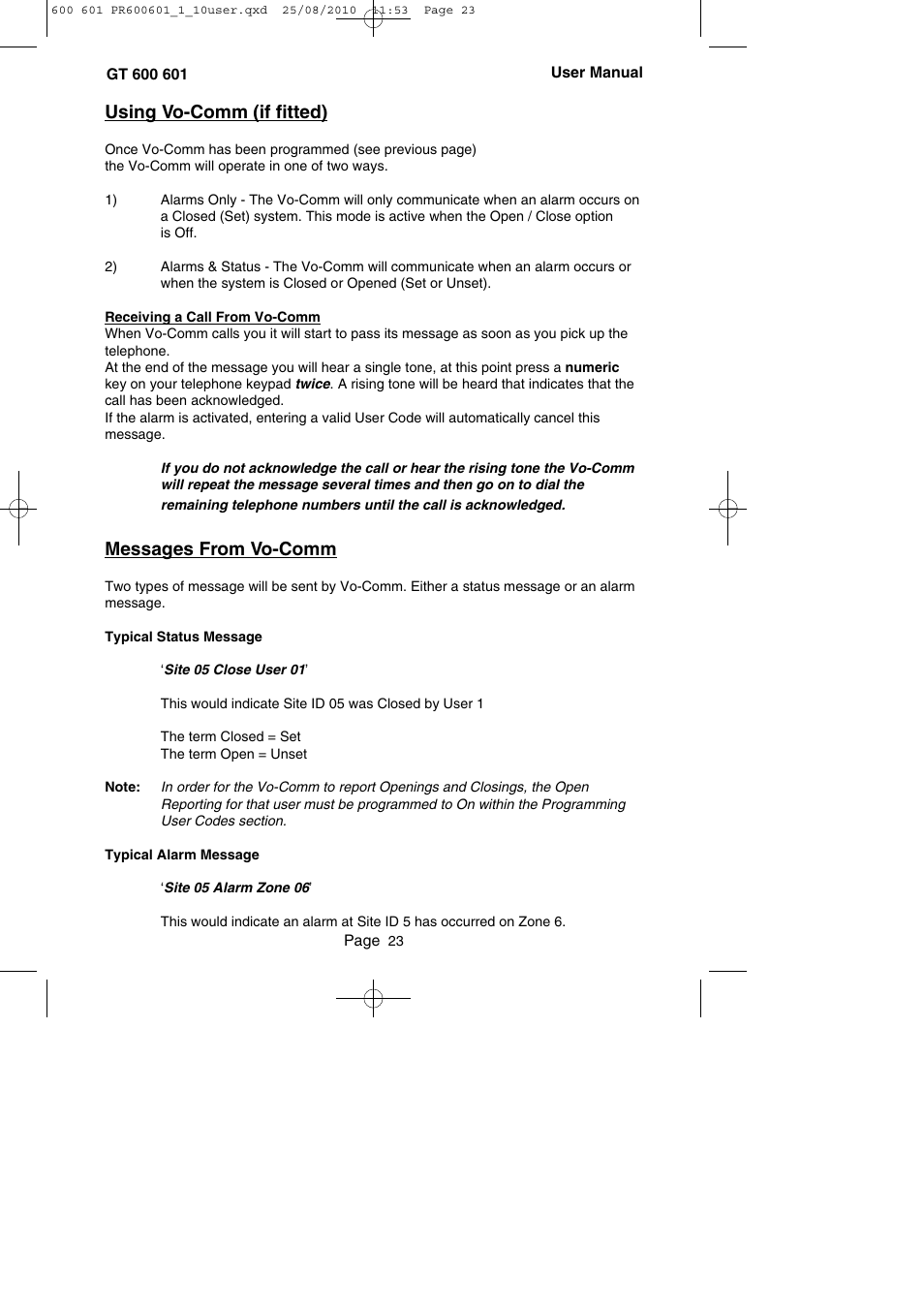 Using vo-comm (if fitted), Messages from vo-comm | RISCO Group GT 600 User Manual | Page 24 / 56