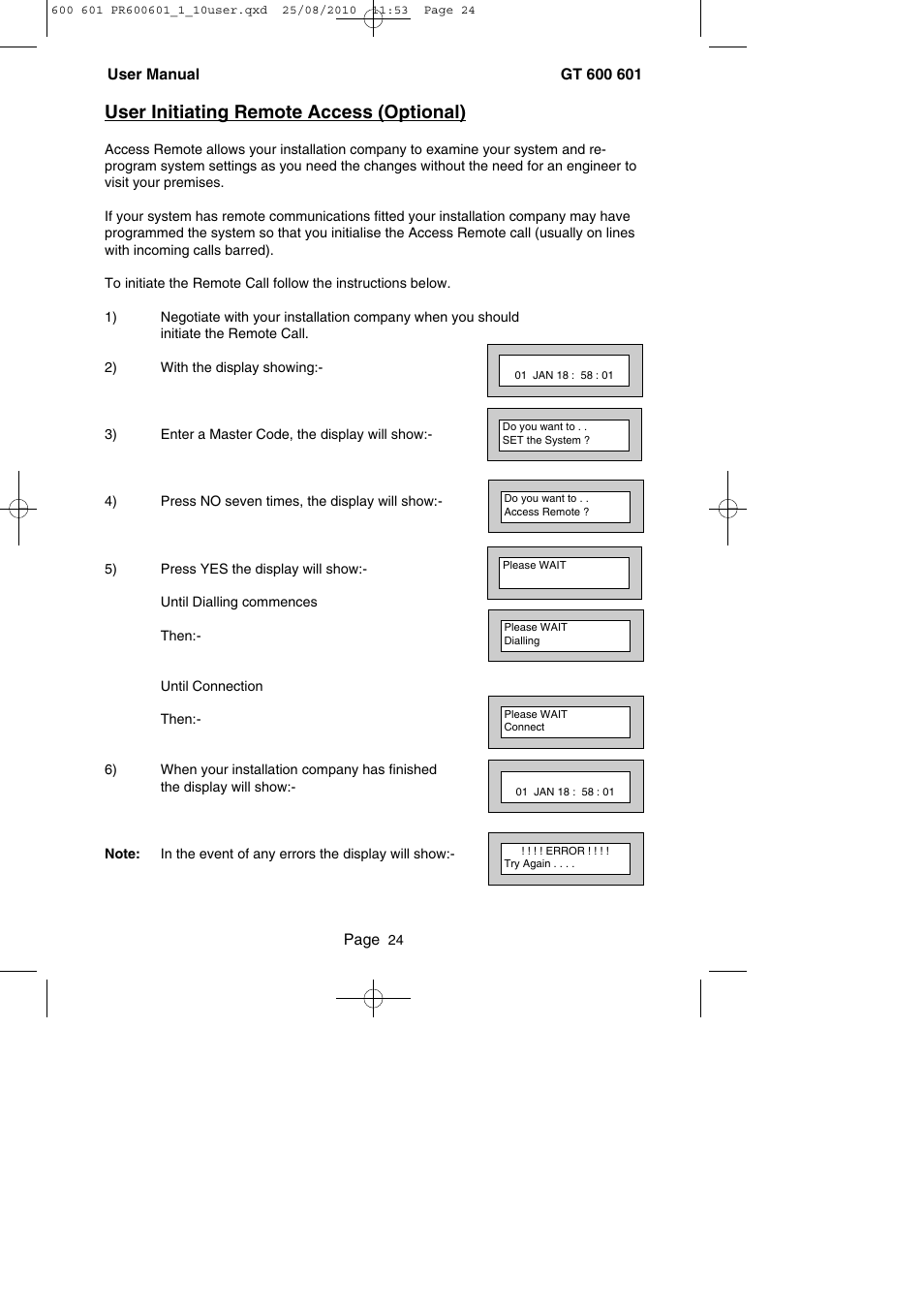 User initiating remote access (optional) | RISCO Group GT 600 User Manual | Page 25 / 56
