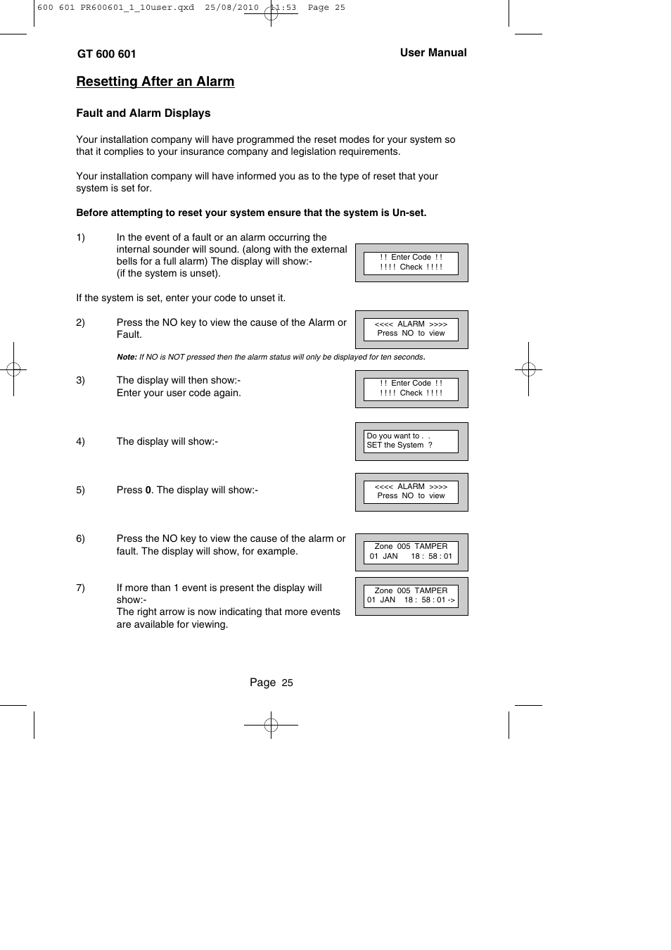 Resetting after an alarm | RISCO Group GT 600 User Manual | Page 26 / 56