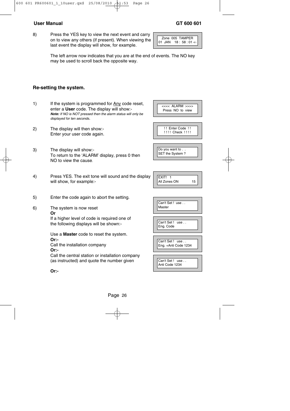 Page, Re-setting the system | RISCO Group GT 600 User Manual | Page 27 / 56