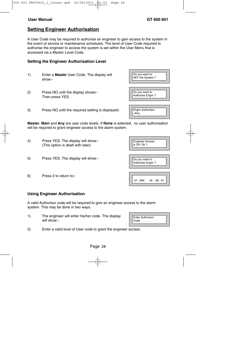 Setting engineer authorisation | RISCO Group GT 600 User Manual | Page 29 / 56