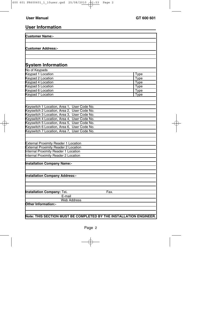 User information, System information | RISCO Group GT 600 User Manual | Page 3 / 56