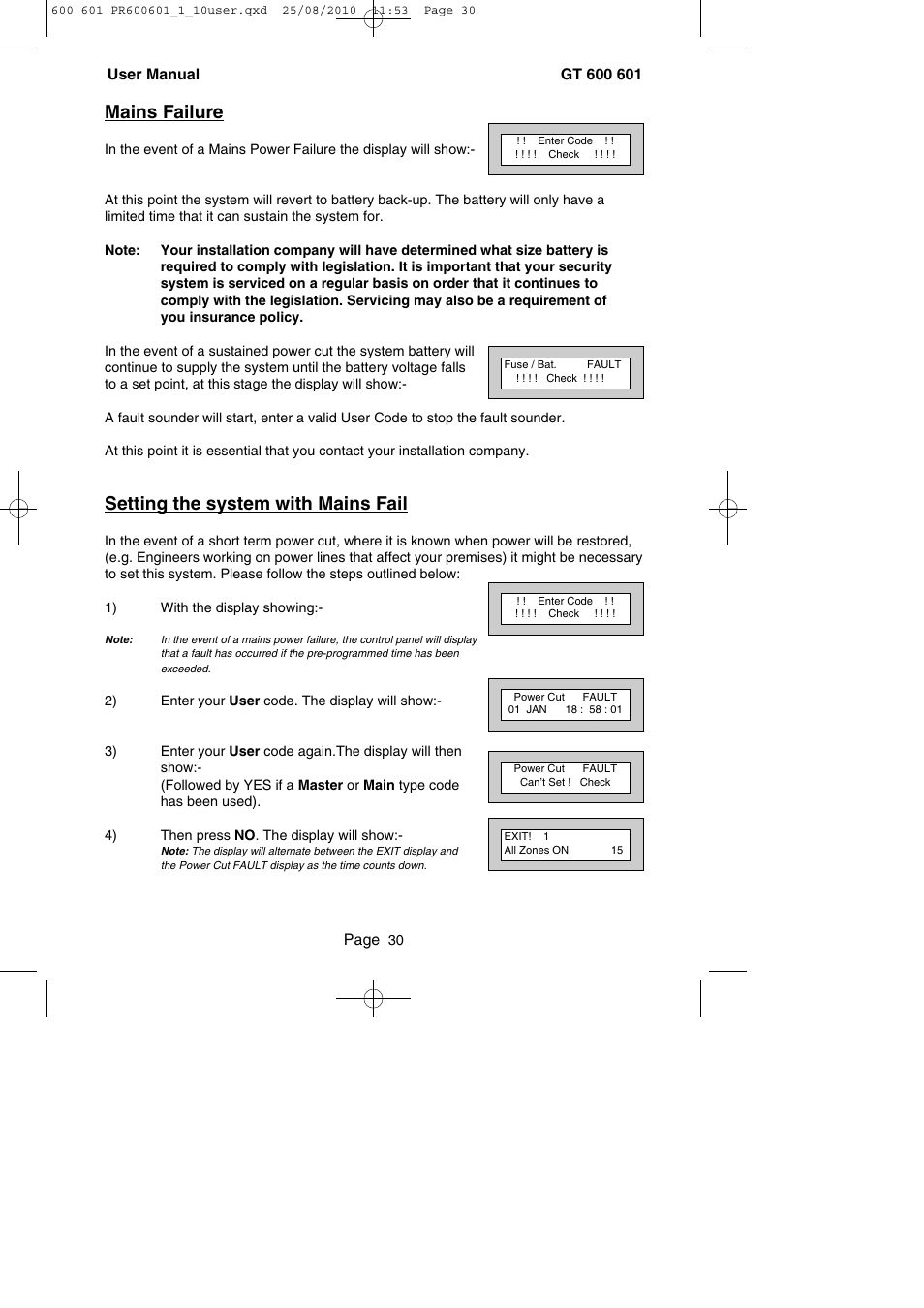 Mains failure, Setting the system with mains fail, Page | RISCO Group GT 600 User Manual | Page 31 / 56