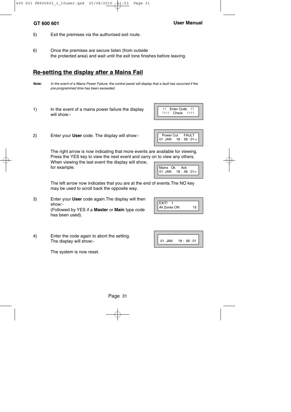 Re-setting the display after a mains fail | RISCO Group GT 600 User Manual | Page 32 / 56