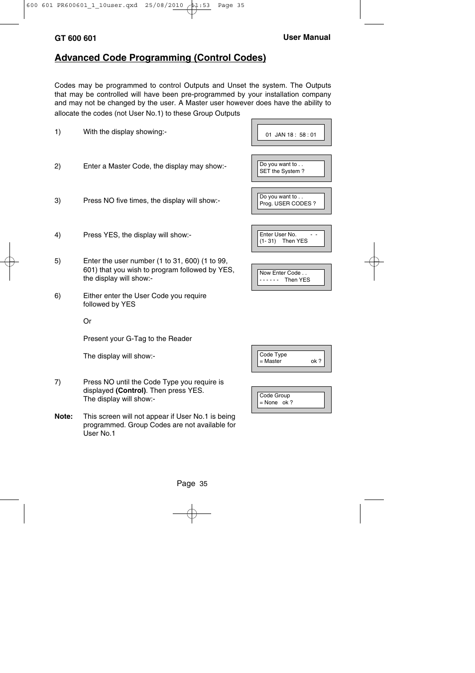 Advanced code programming (control codes) | RISCO Group GT 600 User Manual | Page 36 / 56