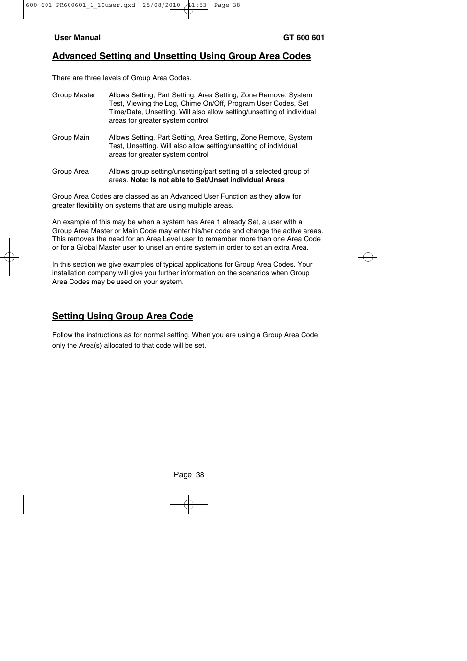 Setting using group area code | RISCO Group GT 600 User Manual | Page 39 / 56