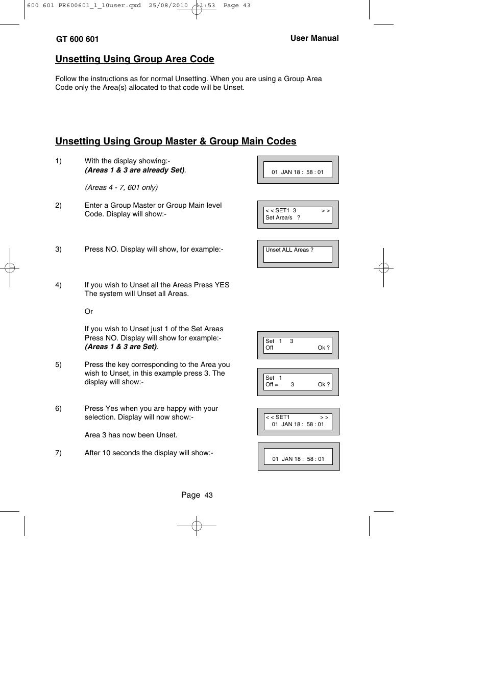Unsetting using group area code, Unsetting using group master & group main codes | RISCO Group GT 600 User Manual | Page 44 / 56