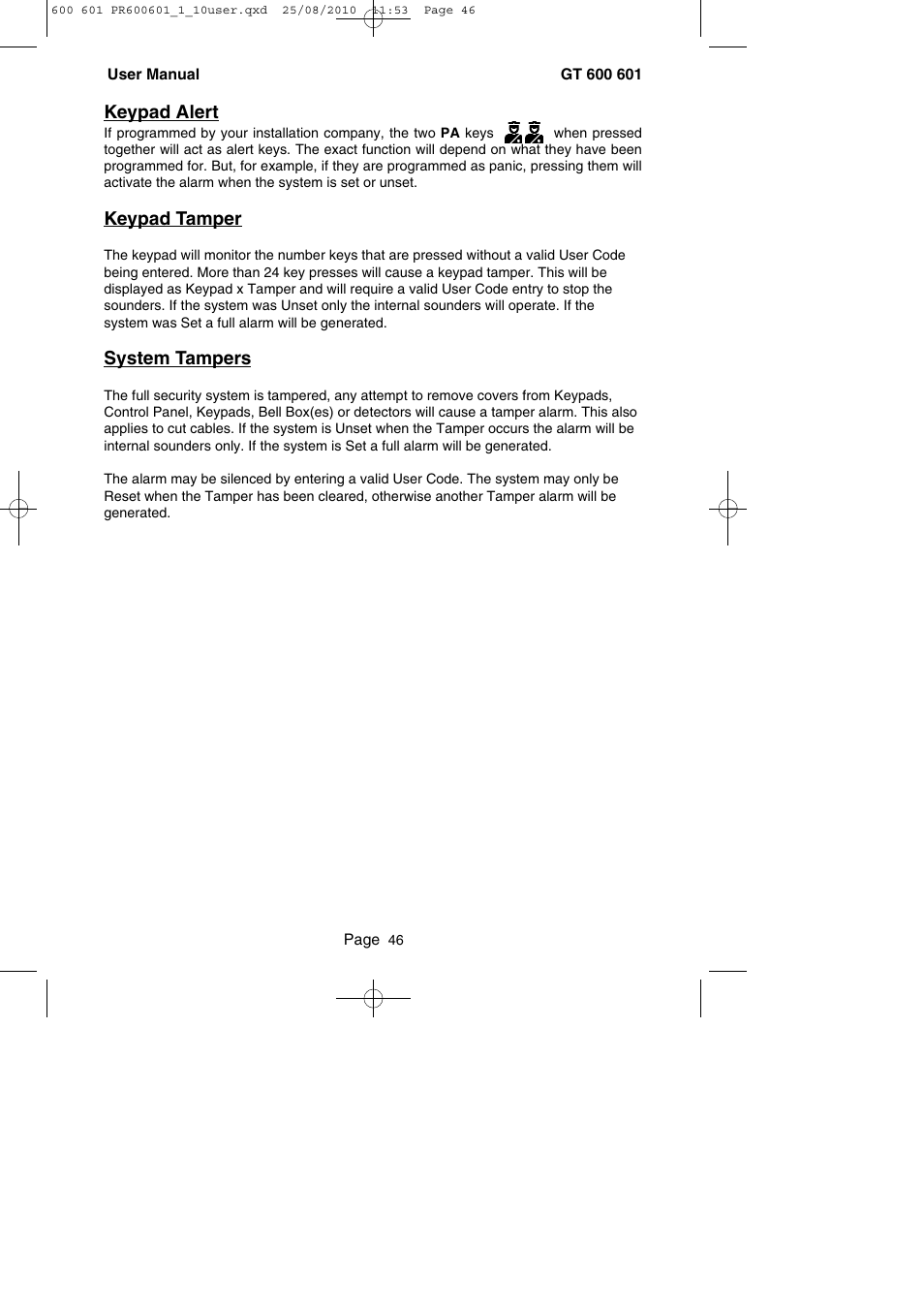 Keypad alert, Keypad tamper, System tampers | RISCO Group GT 600 User Manual | Page 47 / 56