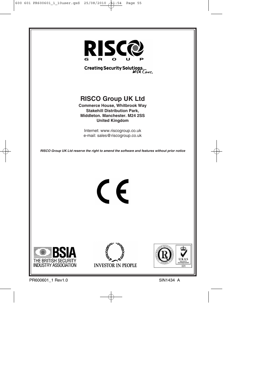 Risco group uk ltd | RISCO Group GT 600 User Manual | Page 56 / 56
