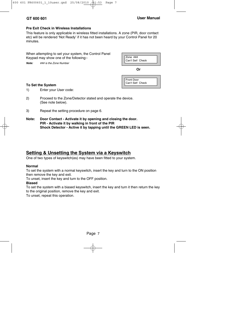 Setting & unsetting the system via a keyswitch | RISCO Group GT 600 User Manual | Page 8 / 56
