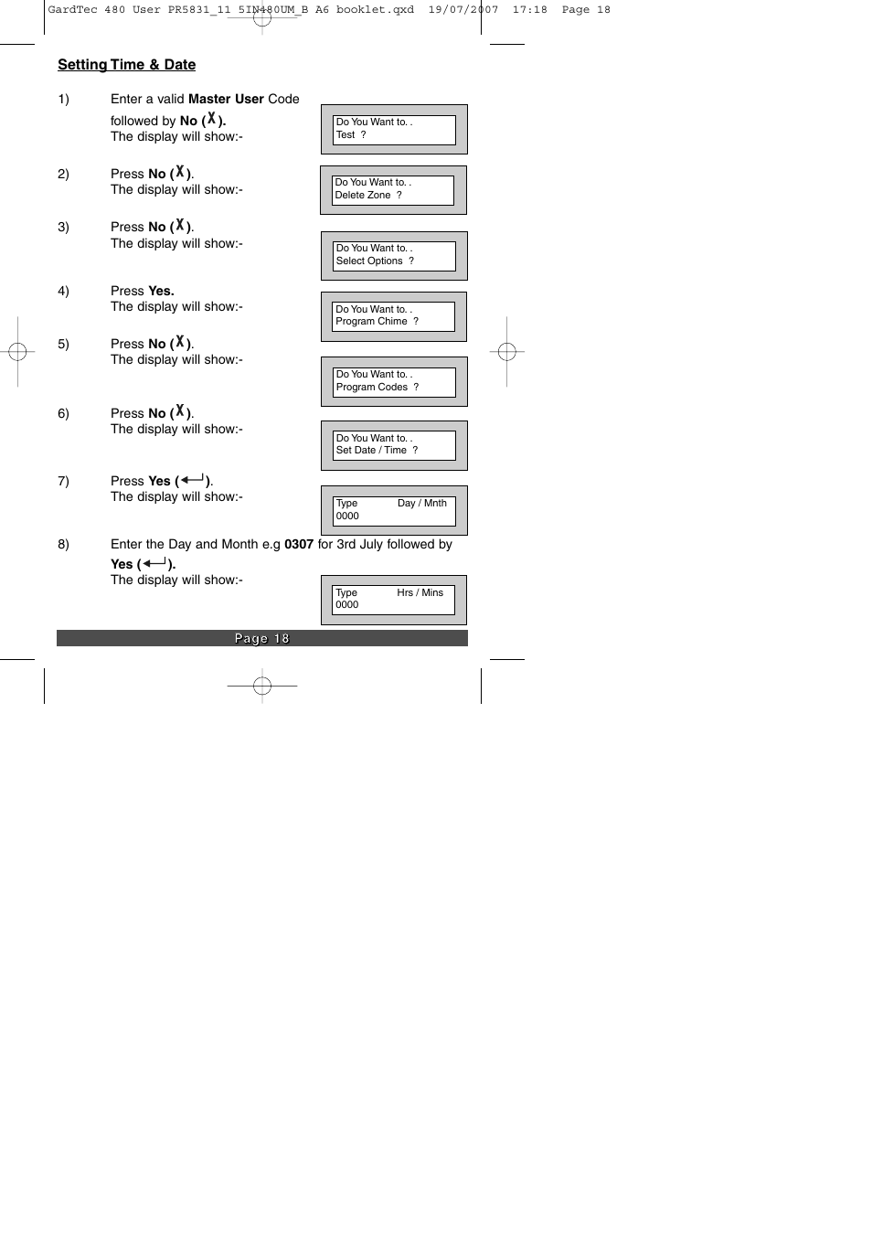 Setting time & date | RISCO Group GT480 User Manual | Page 20 / 29