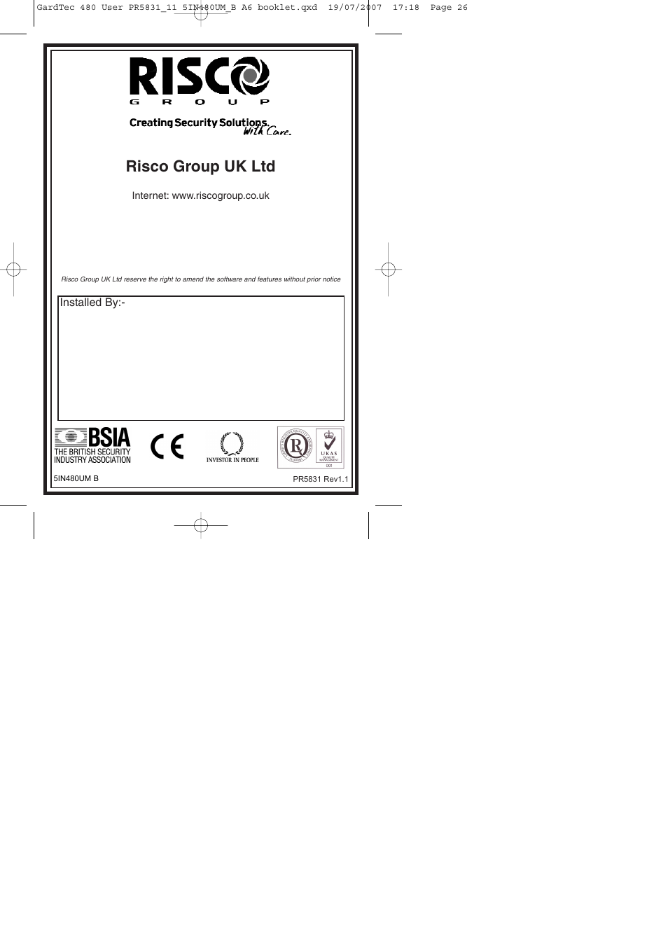 Risco group uk ltd, Installed by | RISCO Group GT480 User Manual | Page 28 / 29