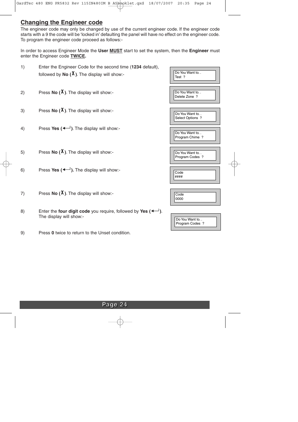 Changing the engineer code | RISCO Group GT480 User Manual | Page 27 / 28