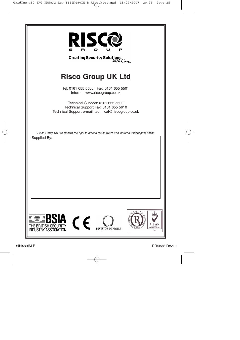 Risco group uk ltd | RISCO Group GT480 User Manual | Page 28 / 28