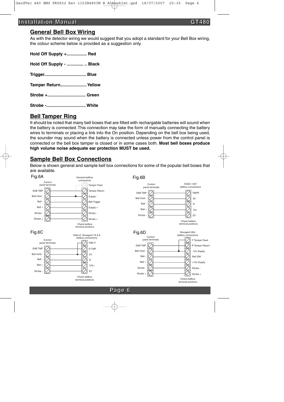 Bell tamper ring, Sample bell box connections | RISCO Group GT480 User Manual | Page 9 / 28