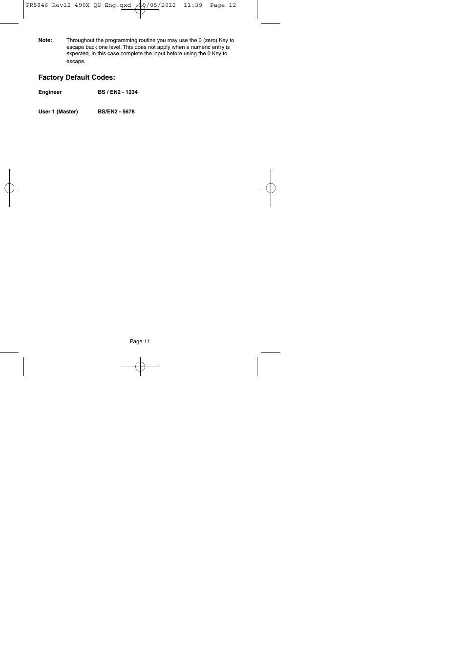Factory default codes | RISCO Group GT490X User Manual | Page 12 / 24