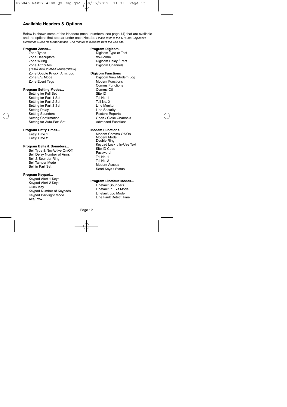 Available headers & options | RISCO Group GT490X User Manual | Page 13 / 24