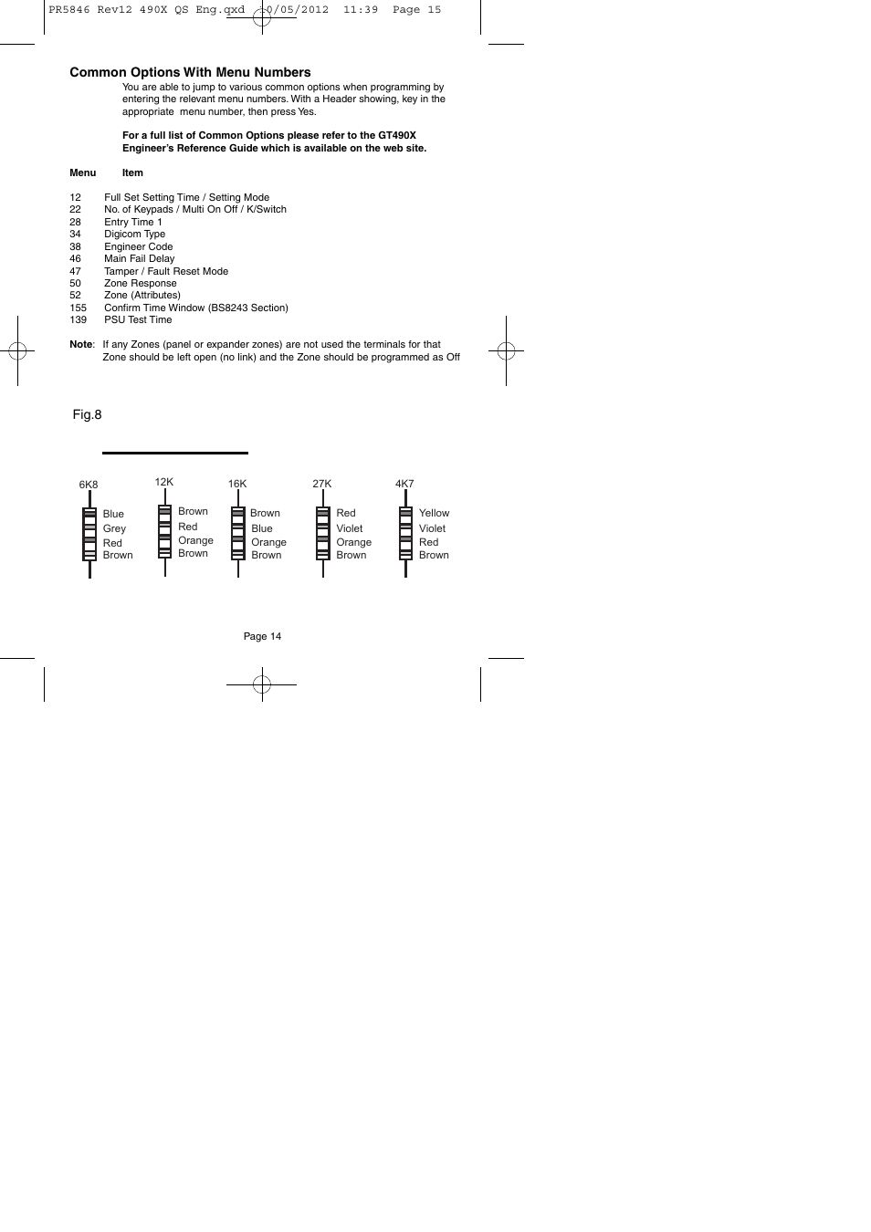 Common options with menu numbers, Resistor colour codes fig.8 | RISCO Group GT490X User Manual | Page 15 / 24
