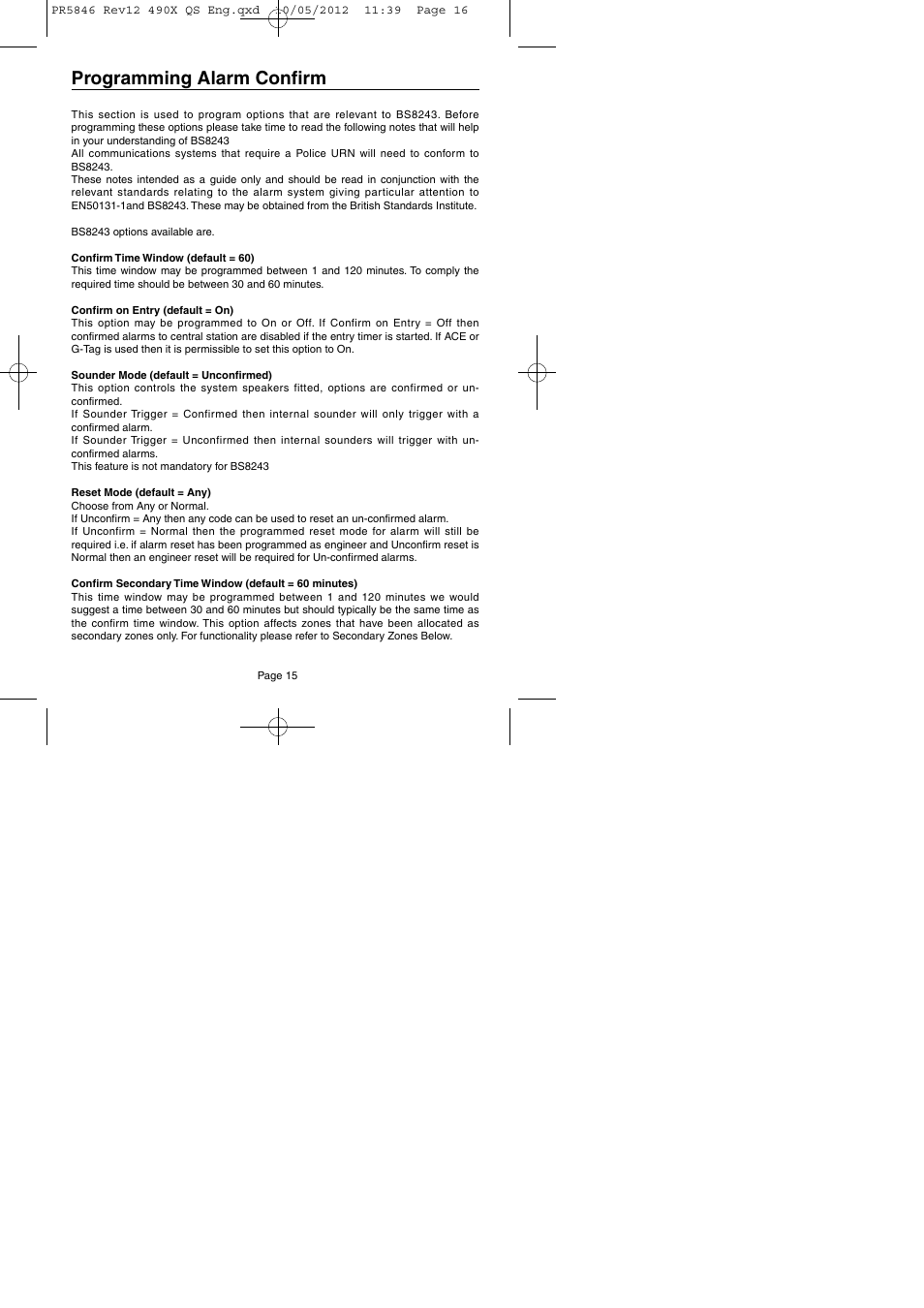 Programming alarm confirm | RISCO Group GT490X User Manual | Page 16 / 24