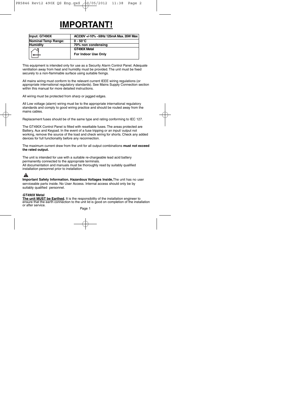 Important | RISCO Group GT490X User Manual | Page 2 / 24