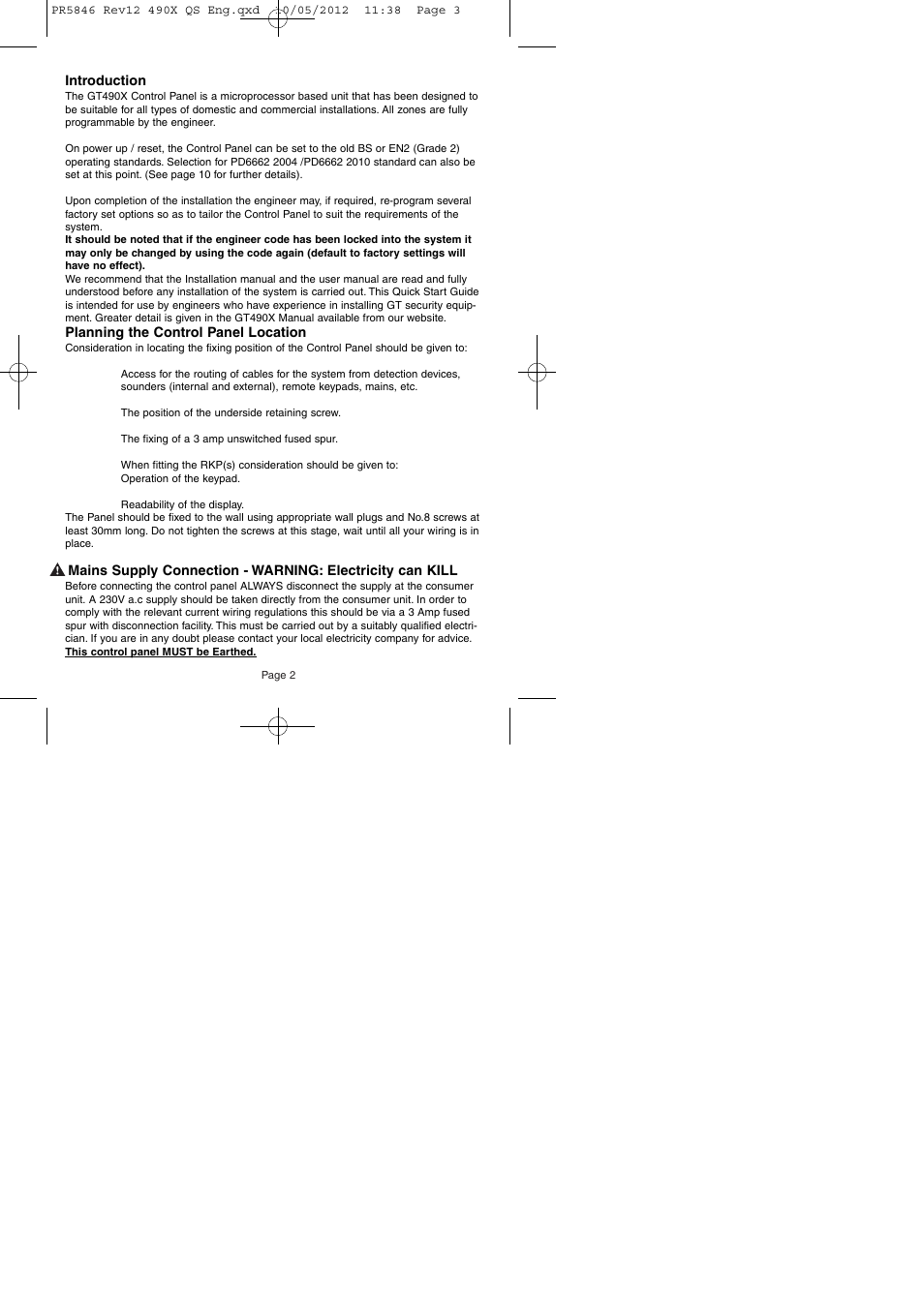 Introduction, Planning the control panel location | RISCO Group GT490X User Manual | Page 3 / 24