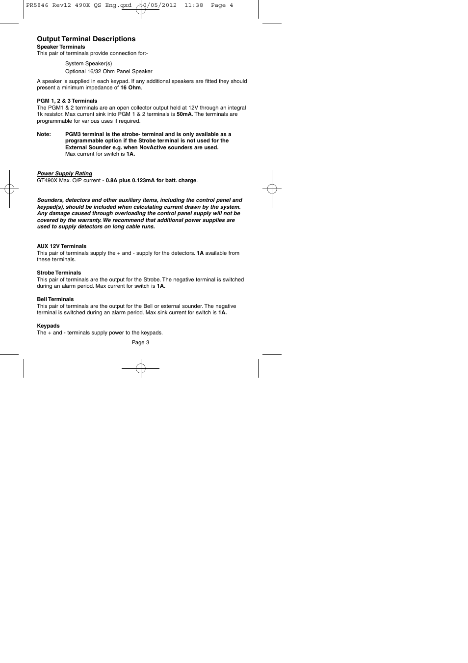 Output terminal descriptions | RISCO Group GT490X User Manual | Page 4 / 24