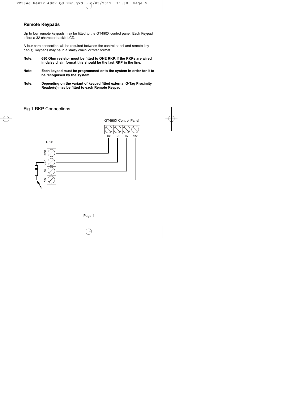 Remote keypads, Fig.1 rkp connections | RISCO Group GT490X User Manual | Page 5 / 24