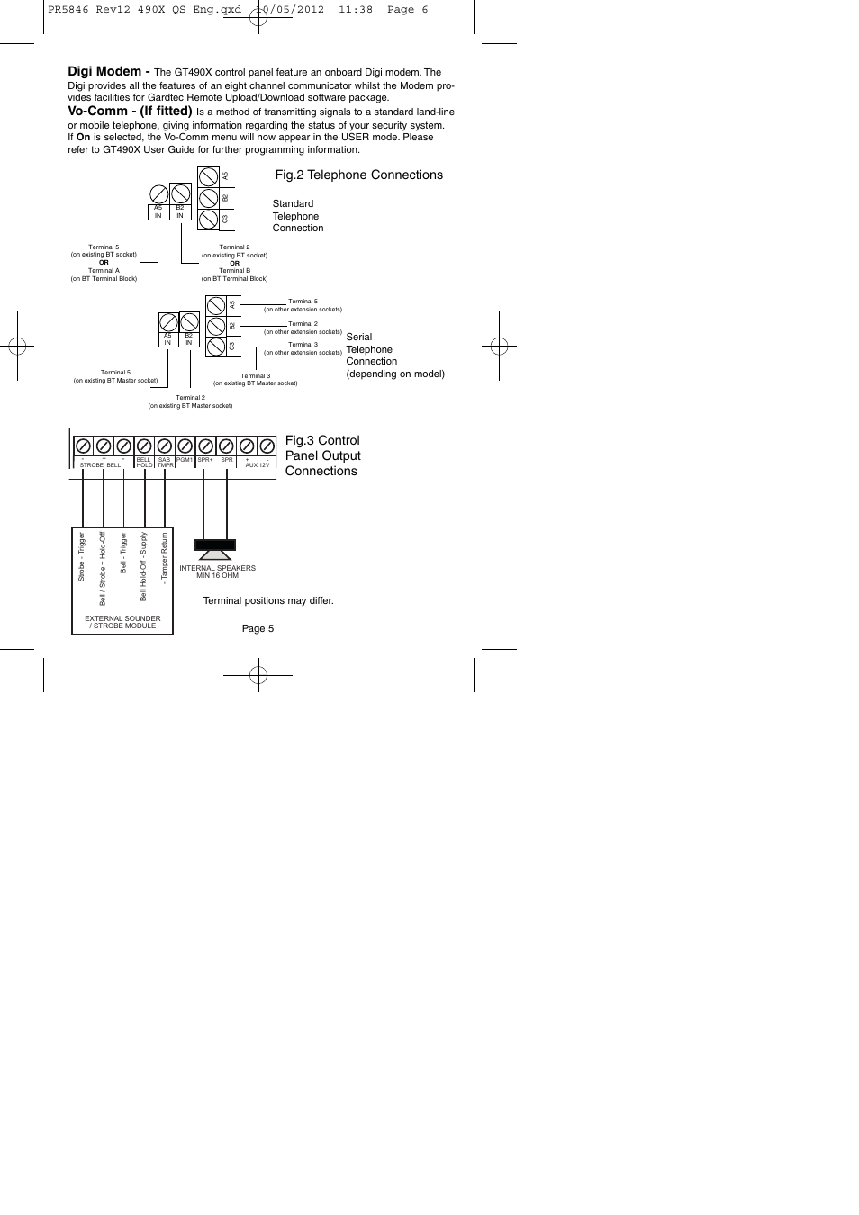 Fig.3 control panel output connections, Digi modem, Vo-comm - (if fitted) | Fig.2 telephone connections, Page 5 | RISCO Group GT490X User Manual | Page 6 / 24