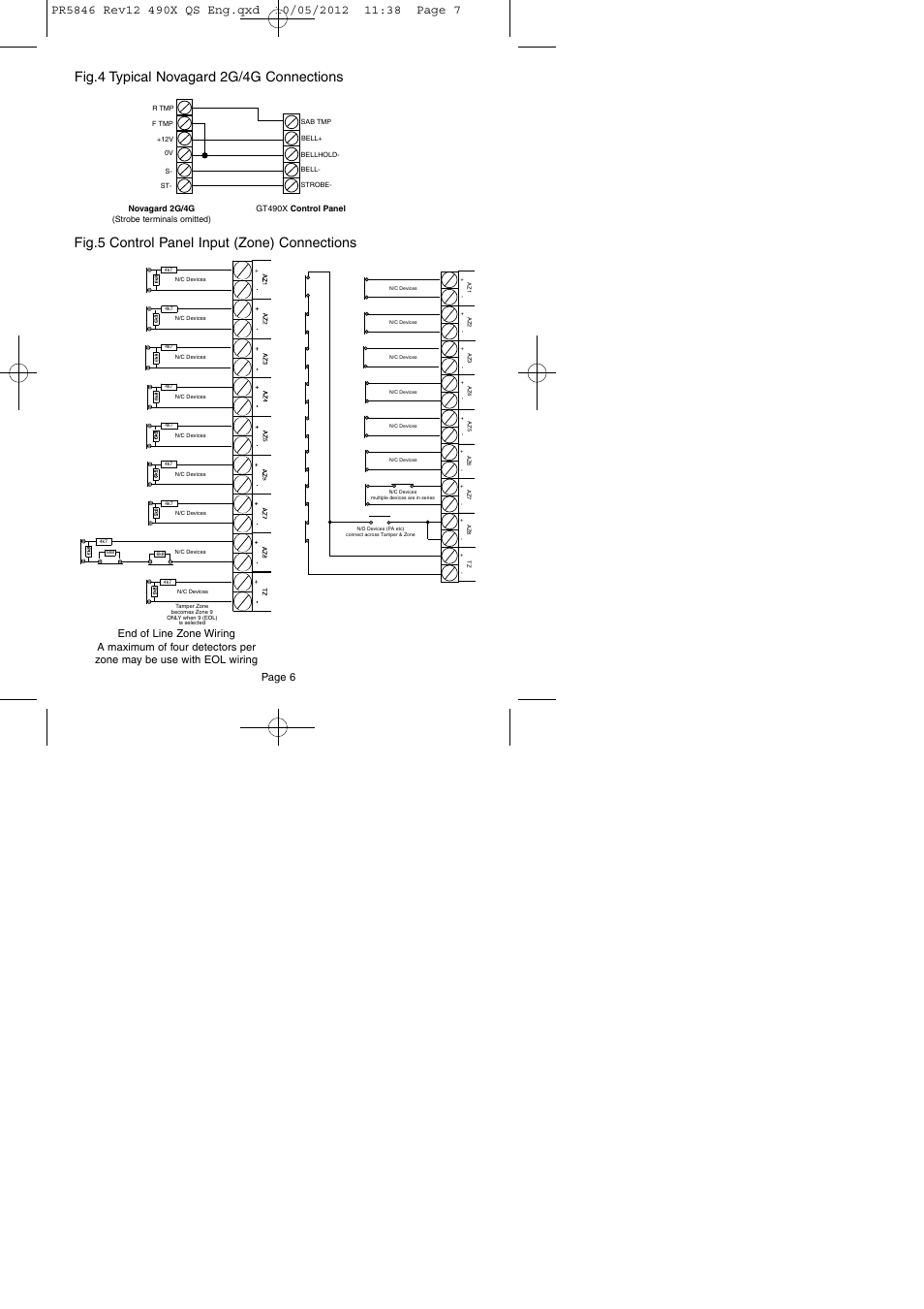 Page 6, Standard (2 wire) zone wiring, Gt490x control panel | Novagard 2g/4g (strobe terminals omitted) | RISCO Group GT490X User Manual | Page 7 / 24