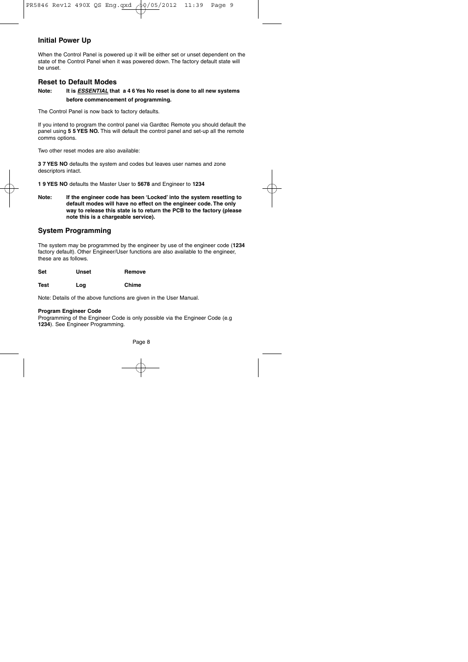 Initial power up, Reset to default modes, System programming | RISCO Group GT490X User Manual | Page 9 / 24