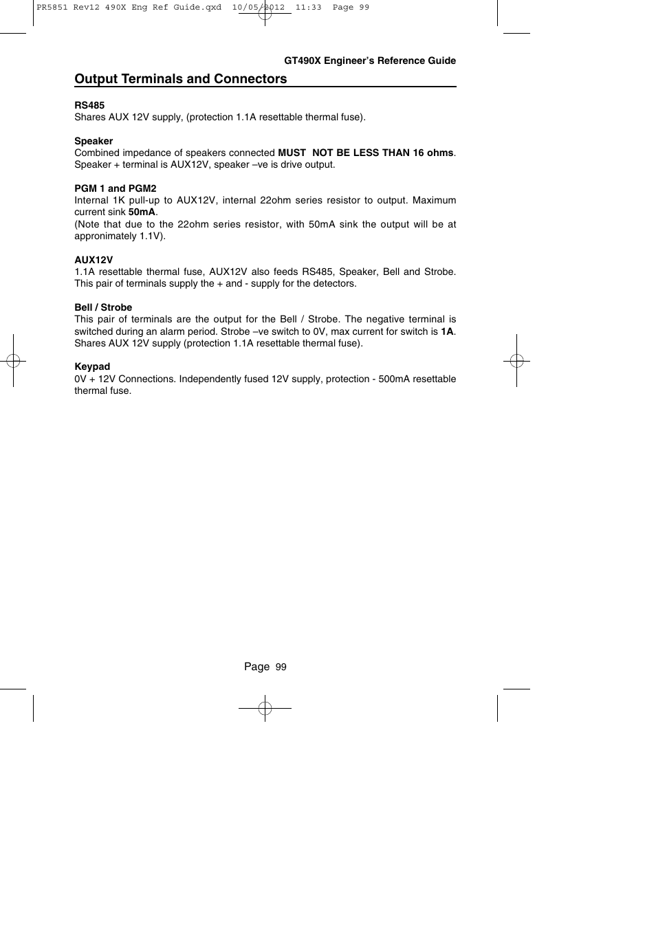 Output terminals and connectors | RISCO Group Gardtec 490X User Manual | Page 100 / 108