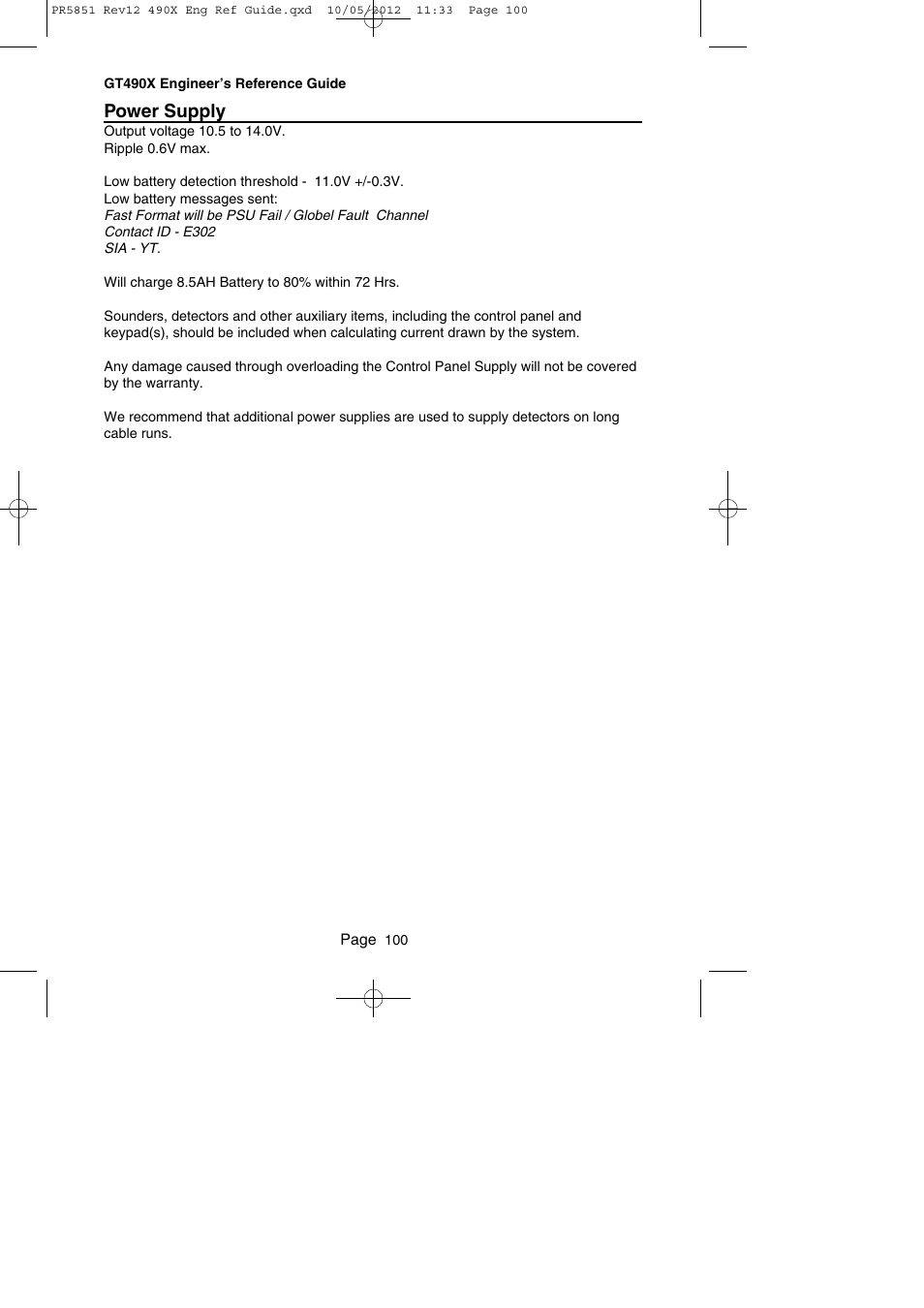 Power supply | RISCO Group Gardtec 490X User Manual | Page 101 / 108