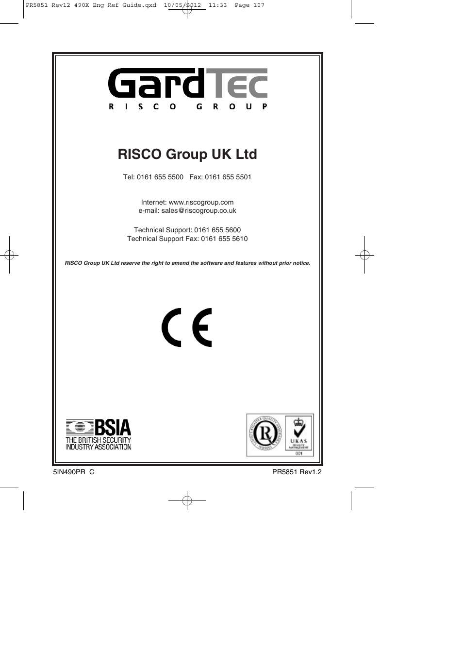 Risco group uk ltd | RISCO Group Gardtec 490X User Manual | Page 108 / 108