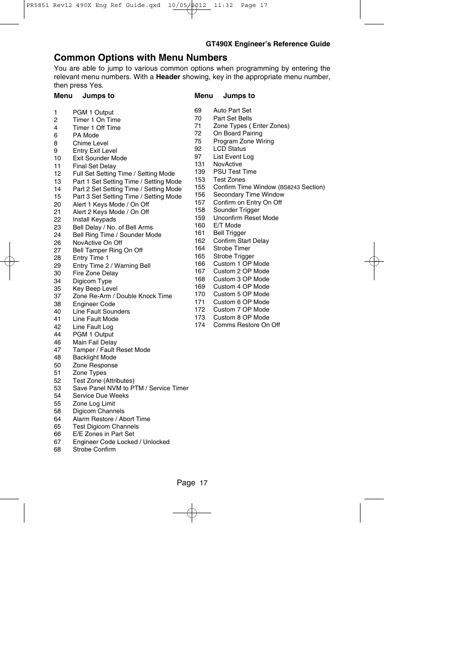 Common options with menu numbers, Page | RISCO Group Gardtec 490X User Manual | Page 18 / 108