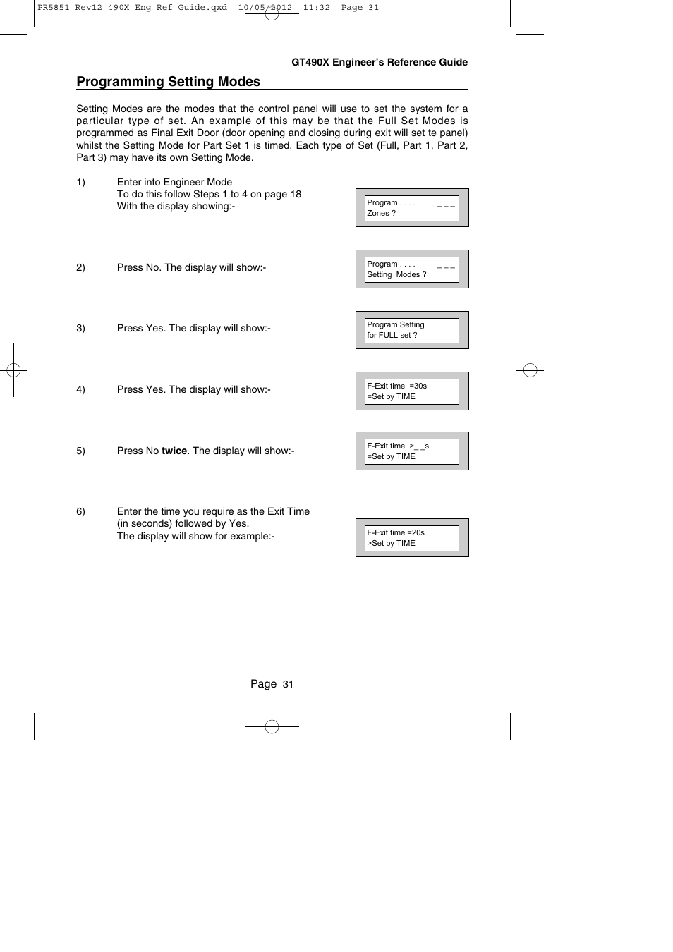 Programming setting modes | RISCO Group Gardtec 490X User Manual | Page 32 / 108
