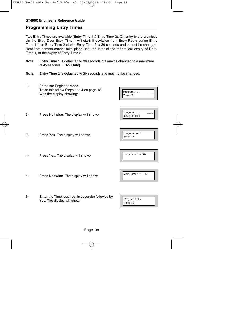 Programming entry times | RISCO Group Gardtec 490X User Manual | Page 39 / 108