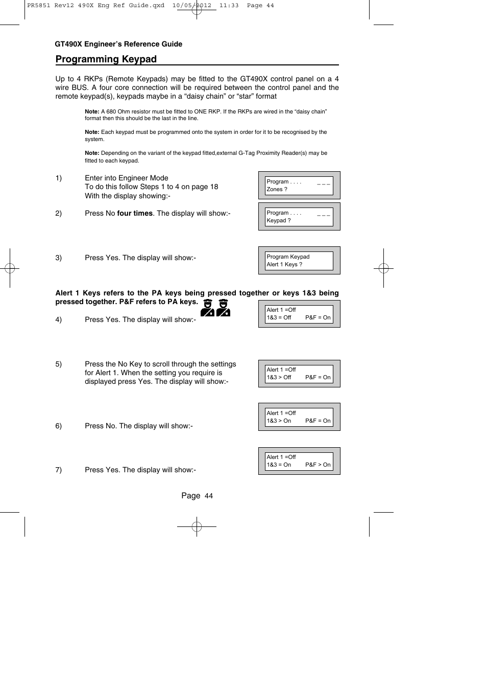 Programming keypad, Page | RISCO Group Gardtec 490X User Manual | Page 45 / 108