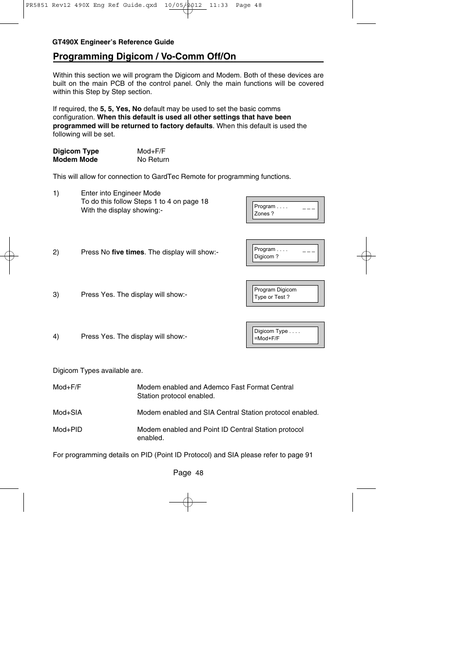 Programming digicom / vo-comm off/on | RISCO Group Gardtec 490X User Manual | Page 49 / 108